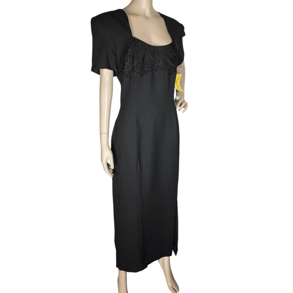 VTG Maggy London Black Soutache High-Shoulder Queen Anne Neck Maxi Dress NEW